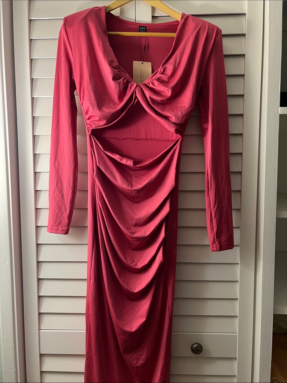 SHEIN Rose Pink Long Sleeve Ruched Cutout Midi Dress